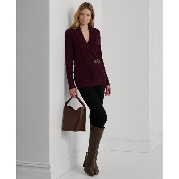 Lauren Ralph Lauren Petite Buckled Cotton Sweater Burgundy Red Size PM MSRP $145 - Picture 4 of 4